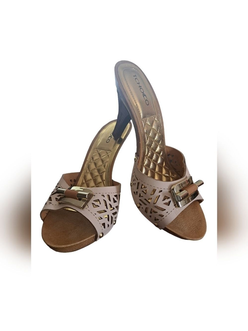 TCHOCO wood leather studded clog sandals slip on shoes cut out QUILTED insole 35
